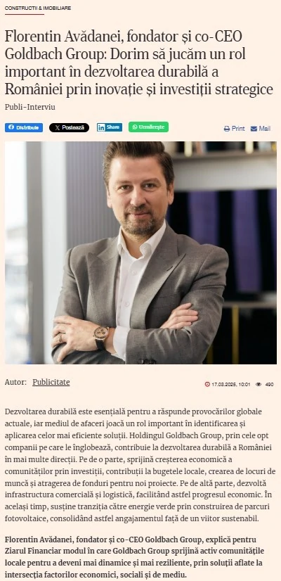 Ziarul Financiar | Florentin Avădanei, Founder and Co-CEO of Goldbach Group: “We aim to play a leading role in Romania’s sustainable development”